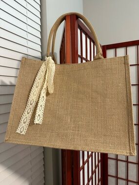 Natural Jute Tote Bag with Lace Bow